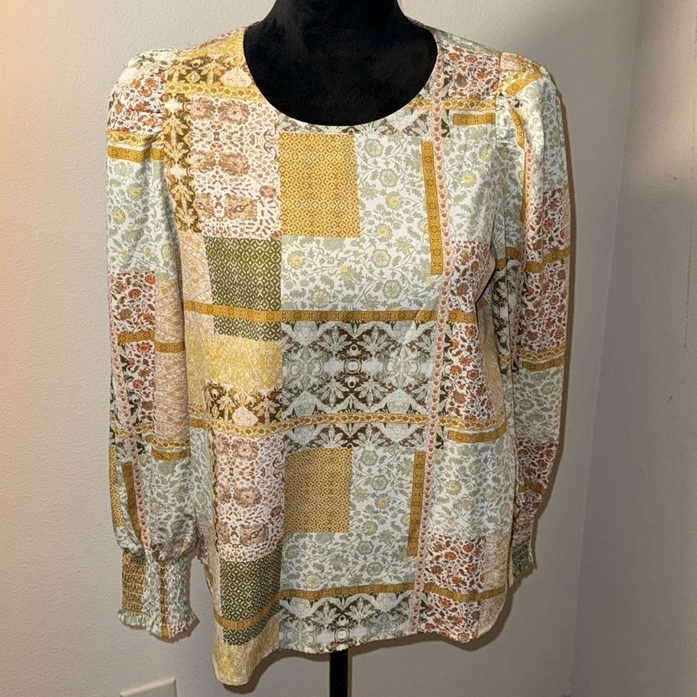 Pleione Anthropologie Hobo‎ Peasant patch hippie long sleeves top blouse Sz S